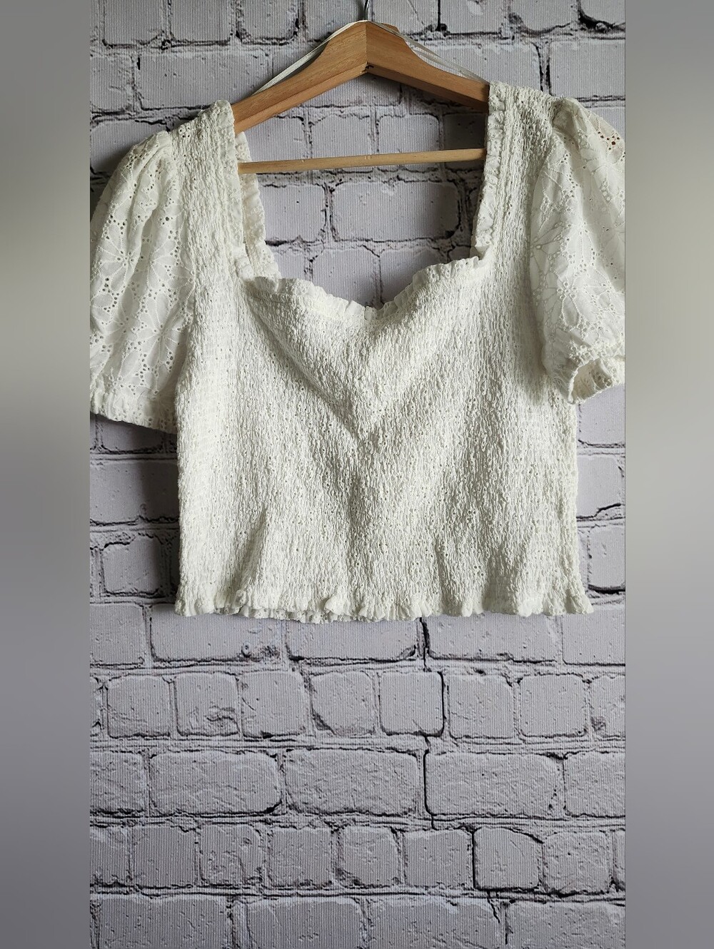 Astr Cream Smocked Eyelet Puff-Sleeve Crop Top